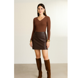 BLUSA FEM. ML CANELADA DECOTE V MARROM GIANDUIA 00643 - LUNENDER