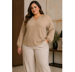 BLUSA FEM. PLUS SIZE MANGA LONGA EM MALHA BEGE C8160 - LUNENDER 